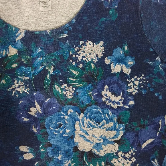 Catherines floral blue women's long sleeved beaded top 3X - Picture 6 of 9